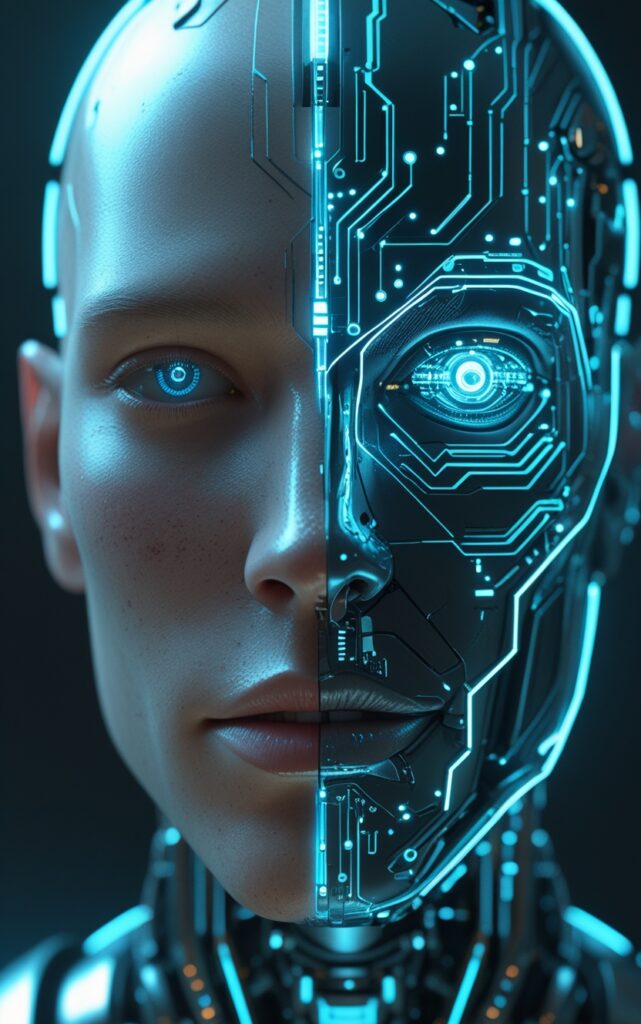 Leonardo_Phoenix_10_A_futuristic_cybernetic_human_face_half_hu_1 "A futuristic digital artwork showing a half-human, half-cybernetic face with glowing circuits and an AI-enhanced eye."