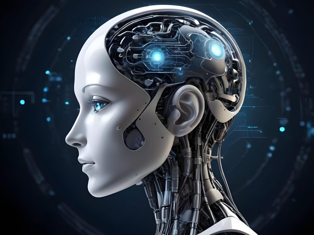 "A futuristic humanoid with AI-powered robotic enhancements and a digital brain."
